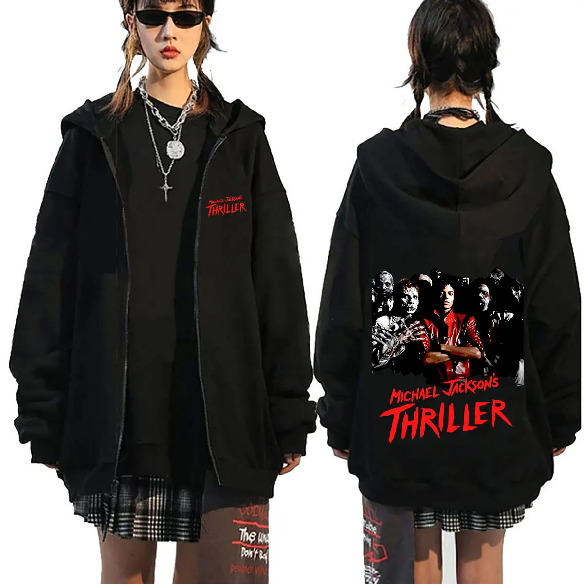 

Classic Vintage Michael Jackson Thriller Zipper Hoodie Men Women Retro Gothic Rock Zip Up Jacket Men's Punk Oversized Streetwear