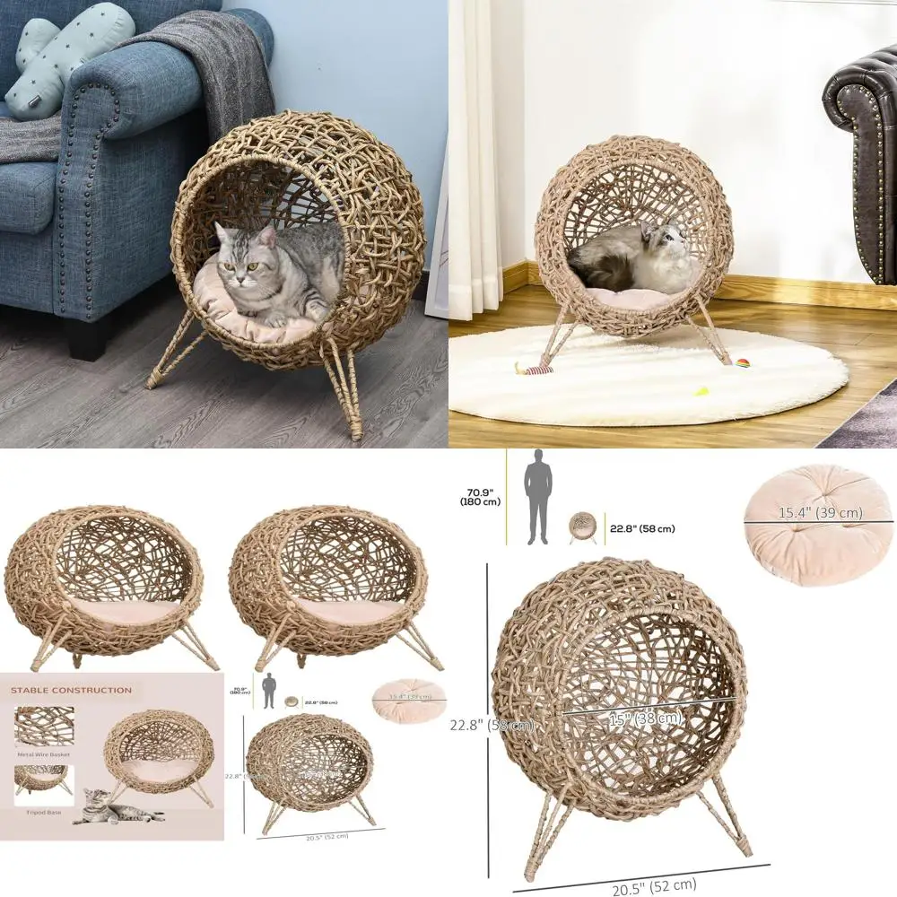 

Плетеный домик для кошек из банановых листьев с подушкой, бежевый, для котят