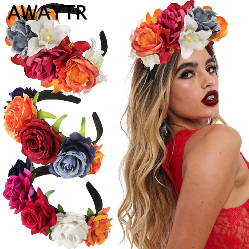 Halloween Flower Hair Band Hair Hoop Rose Flowers Crown Headband Festival Hair Garland Cosplay Party Wedding Hair Accessories