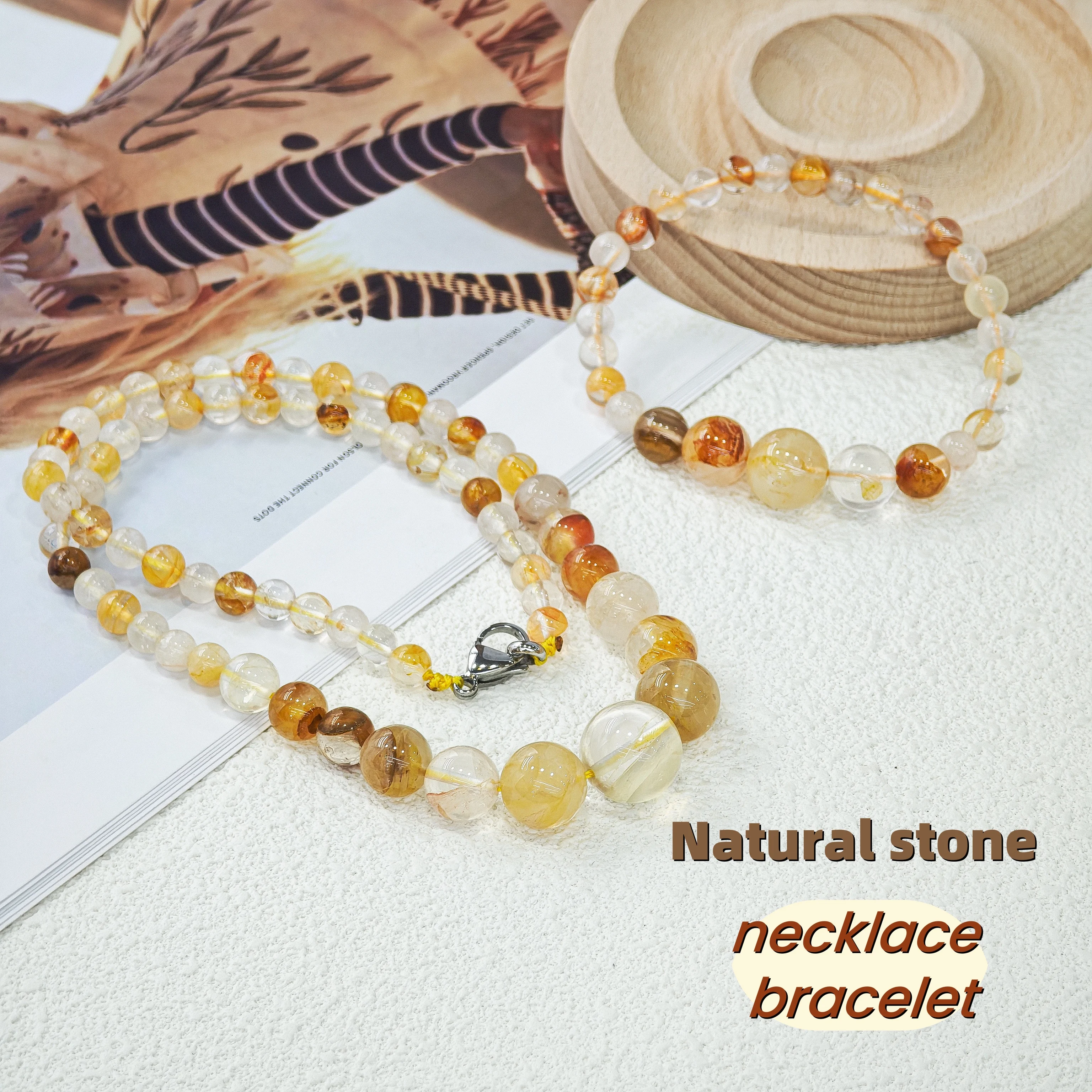 Lecter Store Unique handmade yellow natural stone necklace bracelet pendant, round women's jewelry gift set accessories