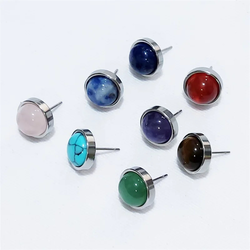 Natural Stone Earrings Healing Crystal Quartzs 10mm Round Beads Steel Stud Fashion Ear Jewelry for Women Girl Wholesale