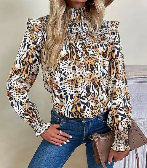 

Woman Blouse 2025 Spring Autumn New Fashion Leopard Print High Neck Long Sleeved Casual Loose Fit Daily Shirt for Women