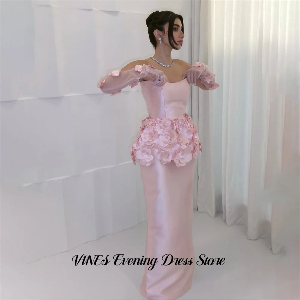

VINES Pink Evening Dress with 3D Floral Embellishments Party Dress Strapless Trumpet vestidos de fiesta Prom Gowns Customized