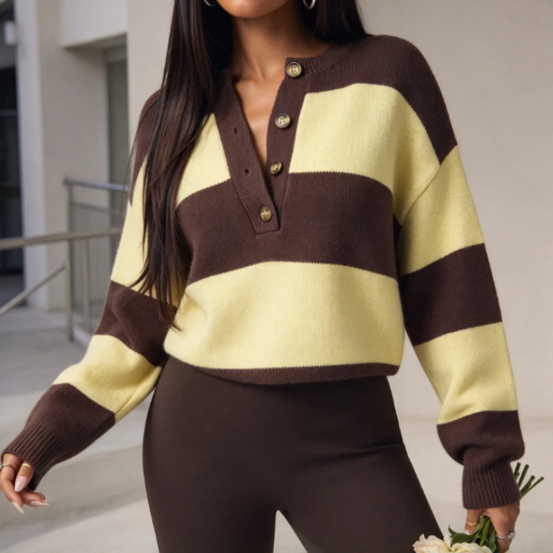 2026 Autumn Winter Women Striped Knit Sweater, European American Style Crew Neck Loose Casual Versatile Simple Pullover Top