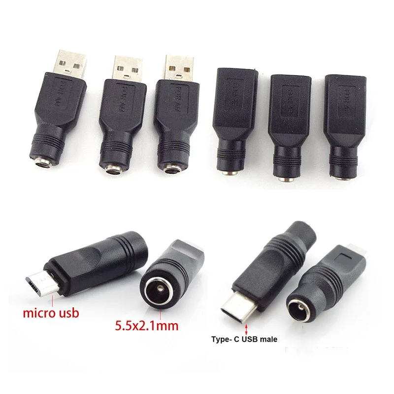 Adaptor konverter konektor 5V Jack wanita, DC power Jack 5.5*2.1mm ke USB 2.0 Male mirco Tipe c Plug Female Jack