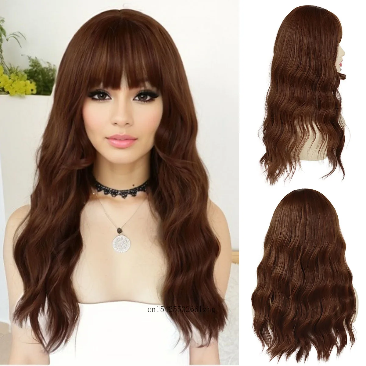 

24" Synthetic Hair Wig with Bangs Long Wavy Wig with Bangs Brown Curly Fashion Wigs for Women Carnival Party Costume Drag Wigs