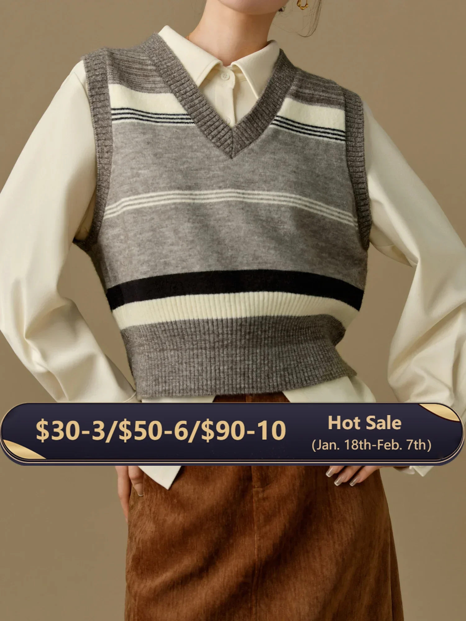 

DUSHU Women Knitted Vests V-Neck Commuter Short Female Vest Stripe Grey 2024 Winter New Sleeveless Knit Tops 24DS84112