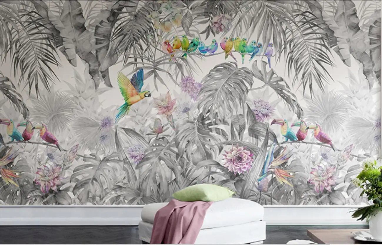 papel de parede Nordic hand-painted tropical plants flowers and birds jungle parrot mural living room TV background 3d wallpaper