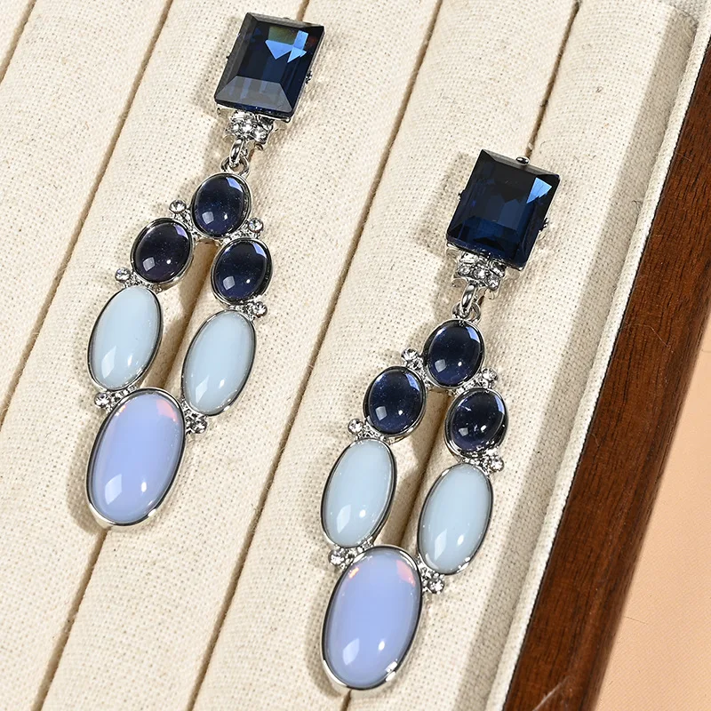 

New Retro Blue Glazed Shoulder Sweeping Stone Cap Shape Dangle Earrings Light Luxury Statement Texture Medieval Lazy Earrings