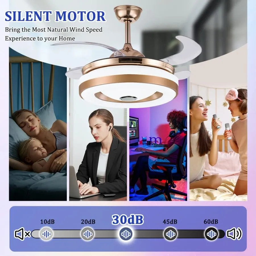 42-inch Ceiling Fan with Built-in LED Light and Remote Control for Indoor Use Modern Hidden Smart Retractable Design Low Profil