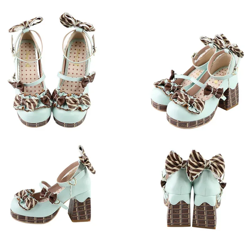 2025 new Sweet Girls Lolita High Heels Platform Shoes ,Young Women Students Cute Chocolate Candy Bowknots Ankle Strap Mary Janes