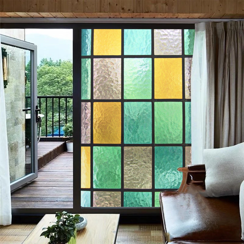 Anti UV Privacy Glass Window Frosted Film Church Style Colored Lattice Pattern Glue-Free Static Cling Glass Door Sticker