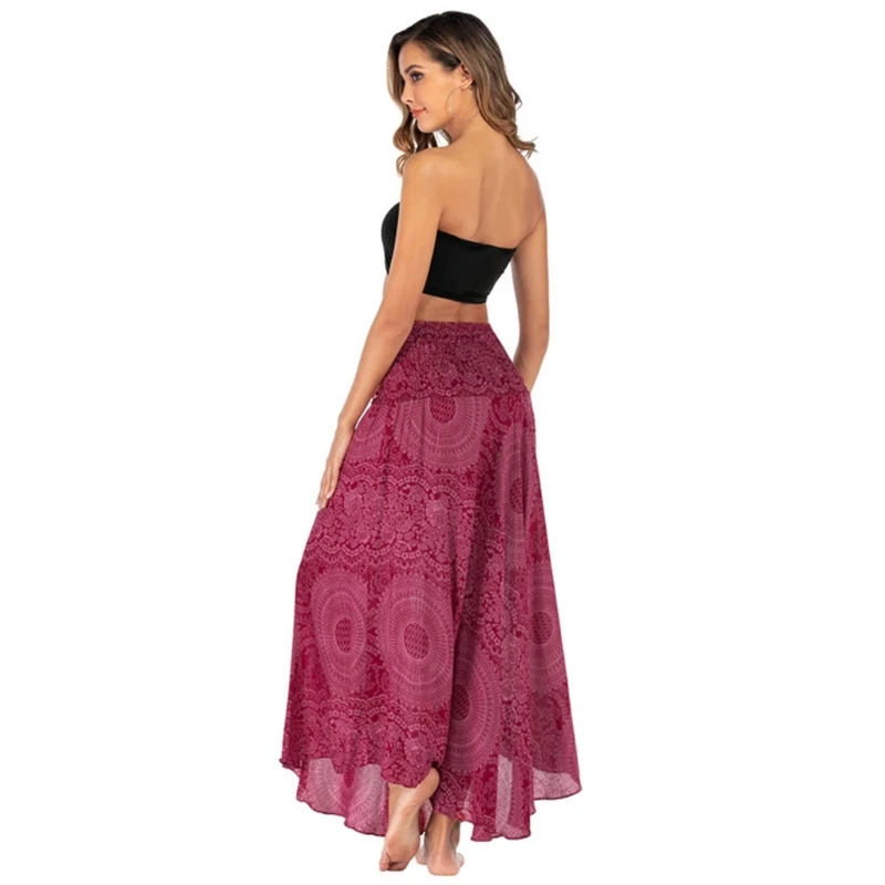Women Hippie Clothes Bohemian Floral Elastic Waist Long Maxi Skirt with Tie 2 In 1 Gypsy Flowy Asymmetric Halter Dresses