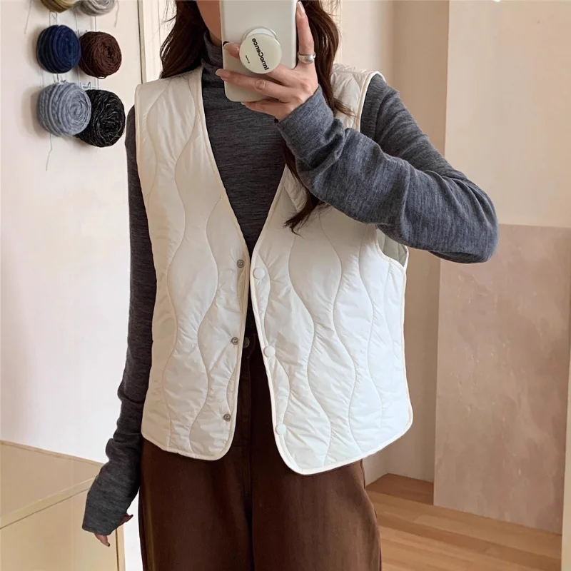 

Autumn New Basic Style Thin Solid Color Minimalist Versatile Down Wool Vest Inner Thermal Loose Coat Womens
