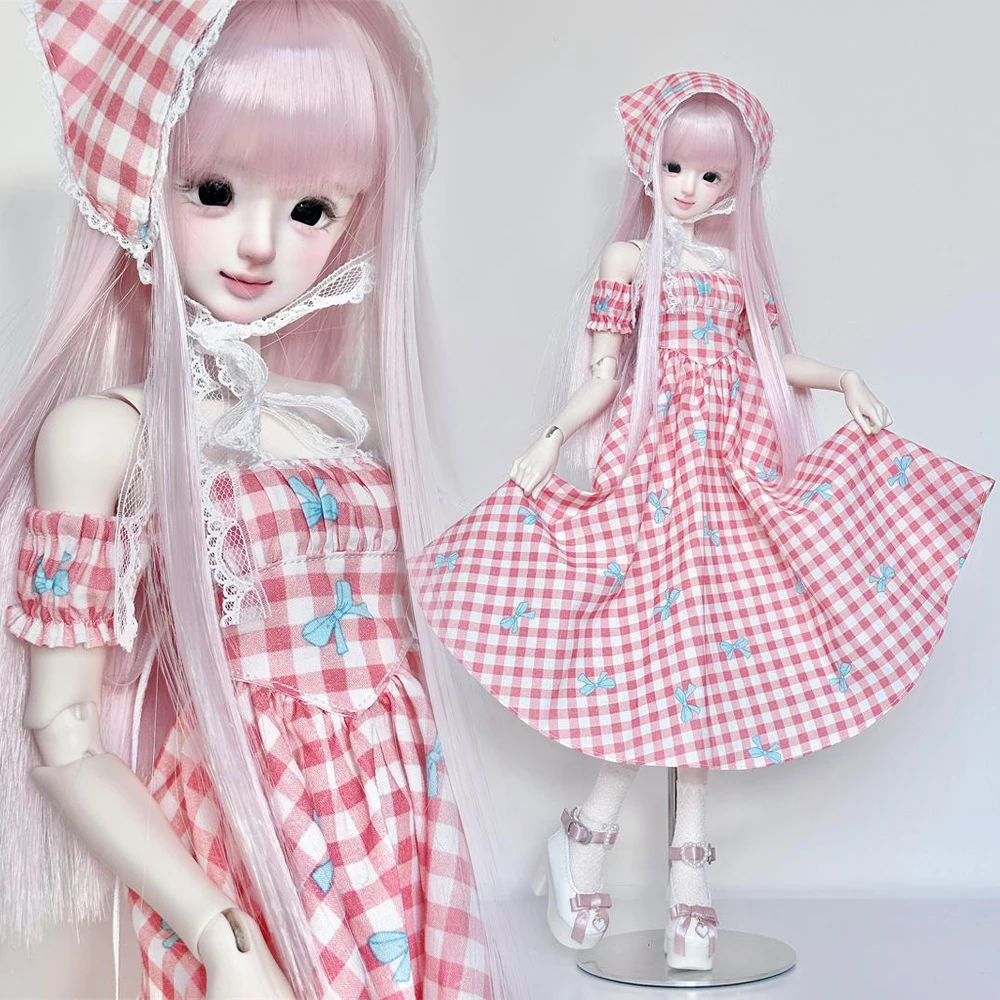 D09-P182 children handmade toy   1/4 MDD MSD BJD Doll clothes One shoulder plaid dress 3pcs/set