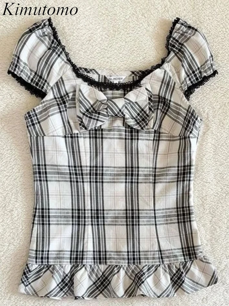 

Kimutomo T Shirts Women Vintage Plaid Bow Slash Neck Sweet Japanese Style Crop Tops Y2k Aesthetic Harajuku Tee Shirt Casual