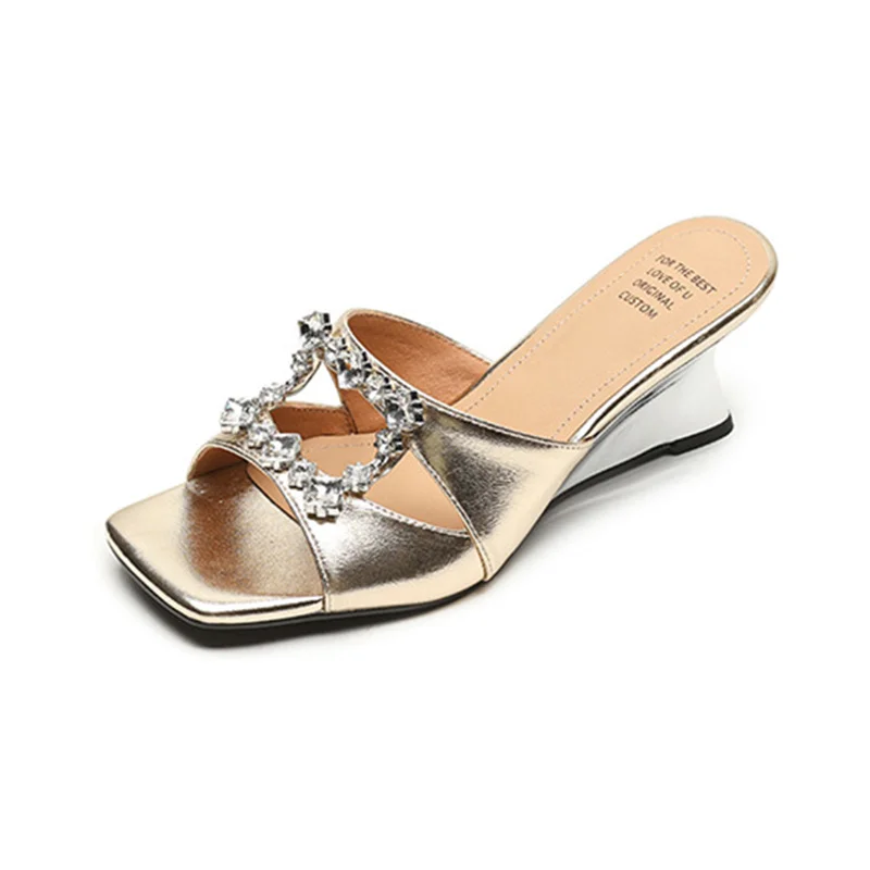 

New Female Wedges Slippers Summer Crystal Decor Upper Square Head High Heel Sandals Real Leather Material Open Toe Ladies Pumps