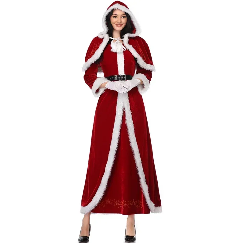 Sexy Christmas Costume Dress Women Fur Trim Christmas Santa Claus Cloak Xmas Costumes Winter Little Red Ridding Hood Long Dress