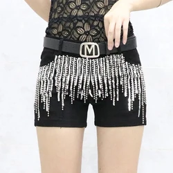 Black Sequins tassels Denim Shorts Women's Streetwear 2024 Summer New Korean Slim Chain Trend Hot Pants White Casual Short Jeans