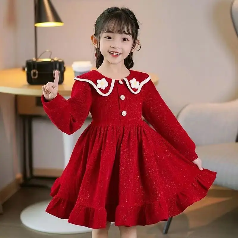 

2025 New Arrival Girls' Fleece-Lined Winter Princess Red Dress - Stylish Lunar New Year Dress for 4-12 Years Old Kids