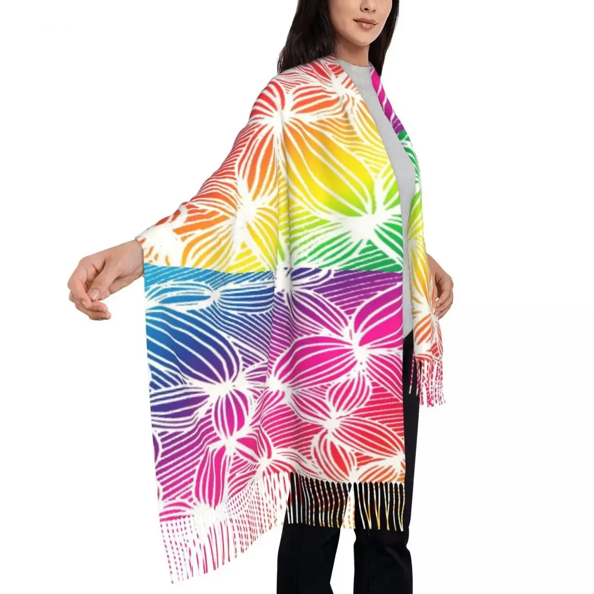 Curve Print Scarf with Long Tassel Rainbow Lines Warm Shawl Wrap Ladies Printed Scarves Wraps Winter Retro Bufanda