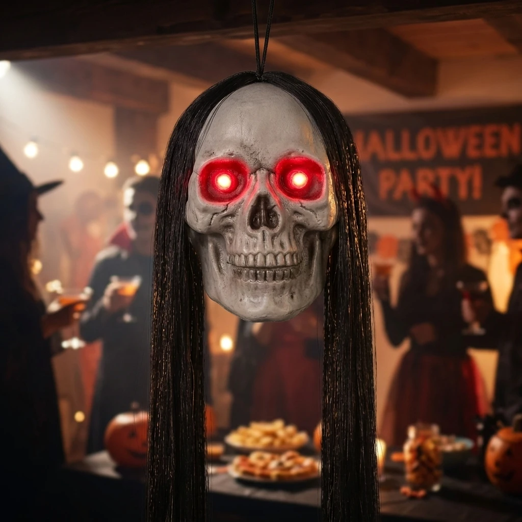 Hanging Skull Head With Long Black Hair Resin Plastic And Synthetic Fiber Halloween Party Haunted House Decor LED Red Glowing Eyes Design Realistic Teeth Visible Hanging Rope Easy Install For Horror Theme Decorators Fans Decoration Prop Costume Gift Set