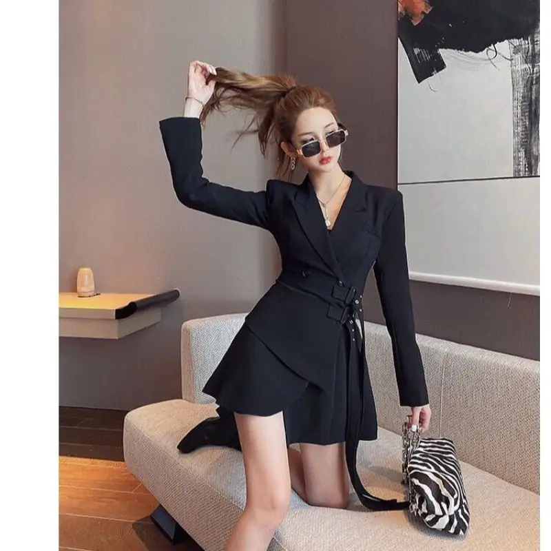 Spring Autumn New Korean Fashion Black Suit Dress Lace Up Asymmetric Elegant Solid Waist Pulling Dresses for Women