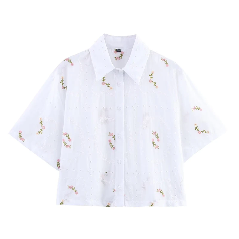 

YENKYE Flower Embroidery White Shirt Women Front Button Lapel Collar Short Sleeve Blouse Casual Loose Summer Tops