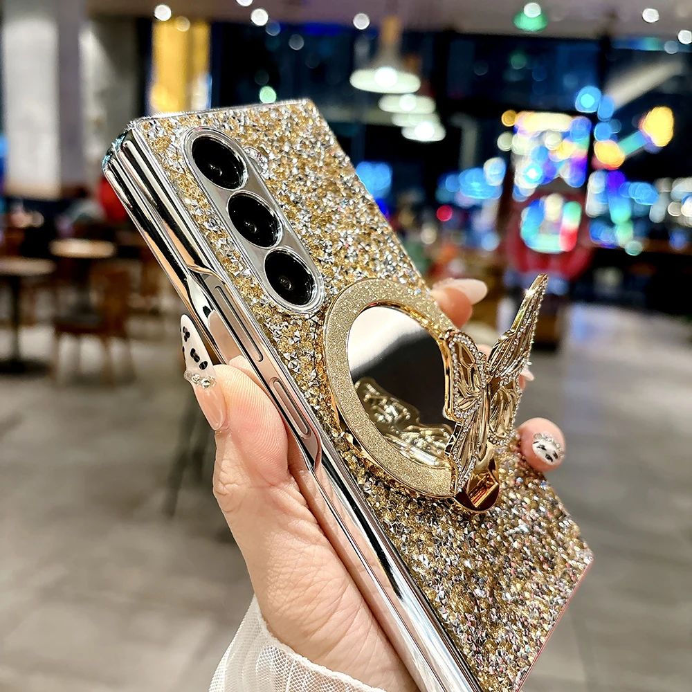 Luxury Hard PC Electroplated Frame Phone Cover for Samsung Galaxy Z Fold 7 6 5 4 Case with Butterfly Bracket