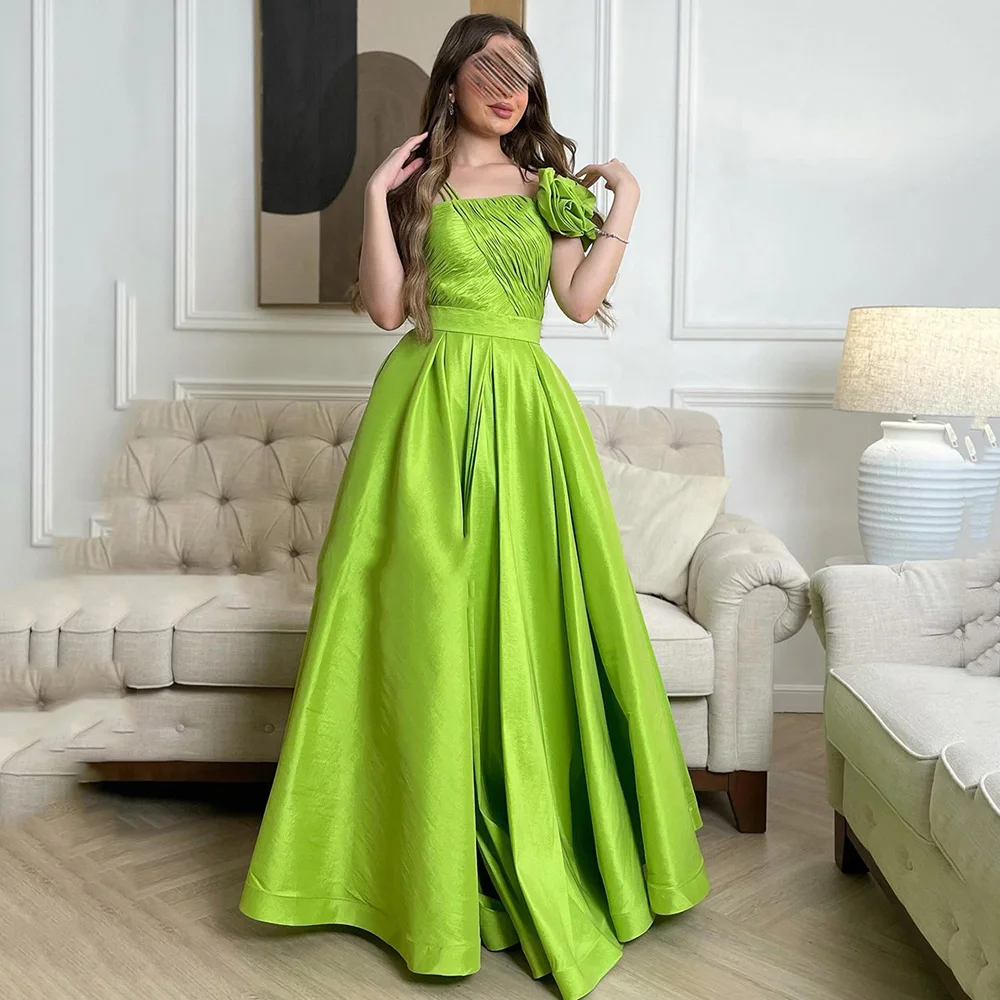 

A-line Satin 3D Appliques Prom Gown Sleeveless Pleat Backless Charming Evening Dresses Solid Color Maxi Dress فساتين الحفلات