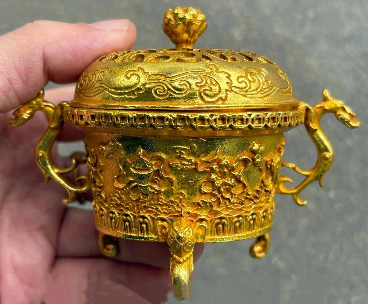 

3.6" Old China Copper Carving Dynasty Palace Dragon Ear Flower incense burner