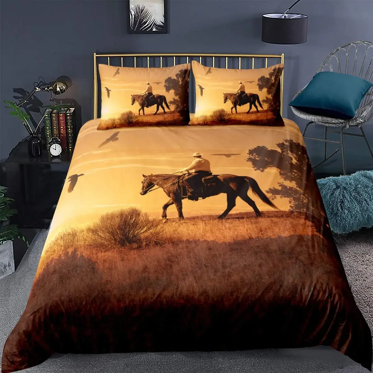 Pferde-Bettbezug, Tier-Bettwäsche-Set für Kinder, Teenager, Western-Cowboy, Sonnenuntergang, Landschaft, Doppelbett, Queen-Size-Bett, Polyester-Bettbezug