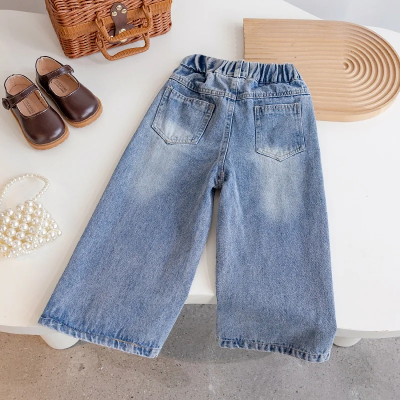 Children's Jeans Spring and Summer Trousers Baby Girls' Loose Wide-Leg Blue Jeans Versatile Outerwear Pants-XMS