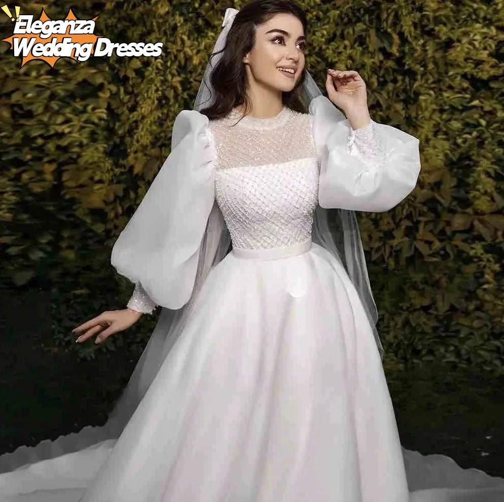 

Customized Elegant Arab Muslim Luxury Wedding Dress O-Neck Long Sleeves Appliques A-Line Wedding Party Dress Vestidos De Novia