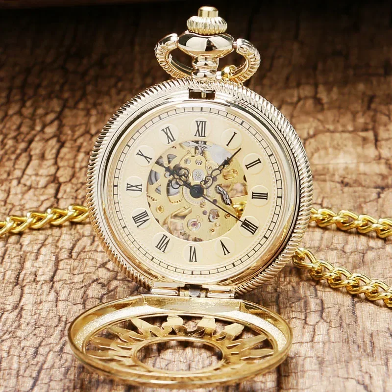 Luxury Golden Hollow Flower Case Roman Number Dial Men Women Skeleton Manual Mechanical Pocket Watch with FOB Pendant Chain