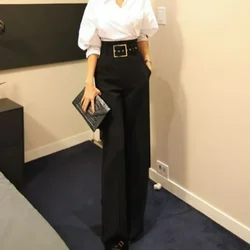 2023 Office Belt High Waist Loose Wide Leg Pants Professional Ol Suit Pants Formal Trousers- pants women