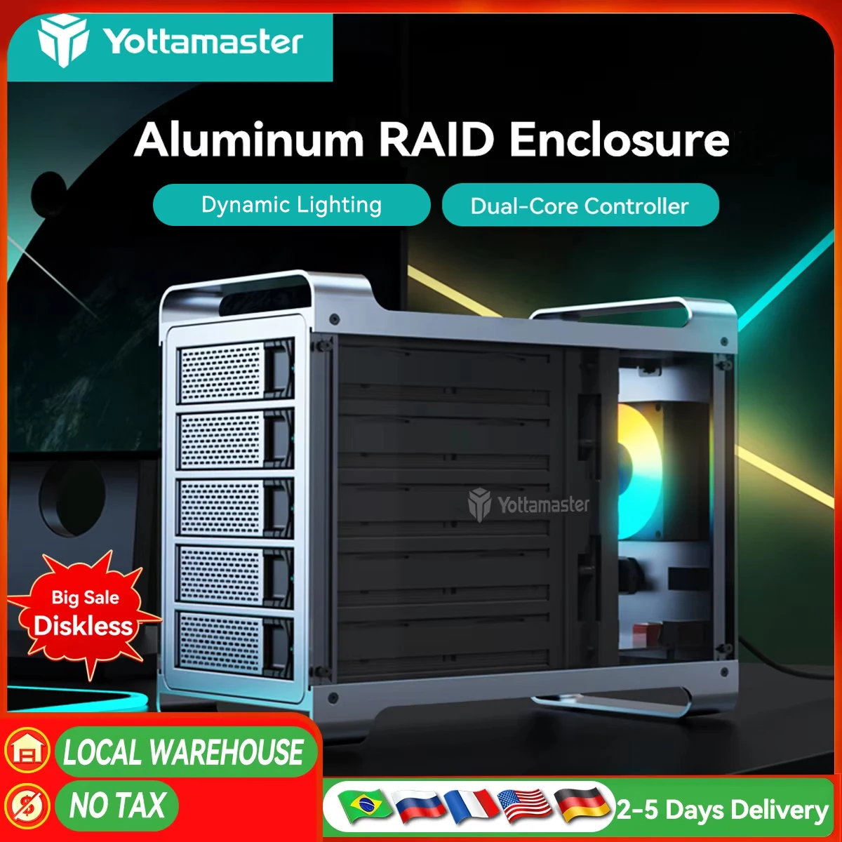 

【Местский склад!】Оclosure для внешнего жесткого диска Yottamaster RAID с 5 слотами, корпус для жесткого диска SATA 2,5 дюйма, 3,5 дюйма, с бесшумным вентилятором