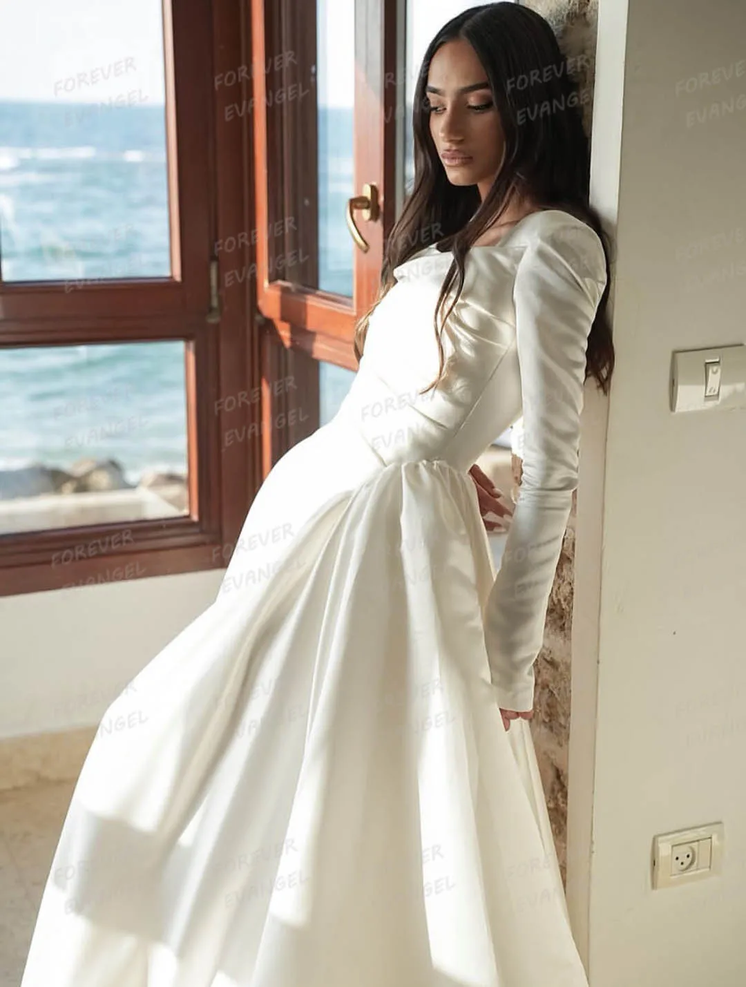 シンプルなフォーマルウェディングドレス女性 A ライン花嫁ドレス長袖サテンボートネックカスタマイズされたエレガントな Vestidos De Novia 2025