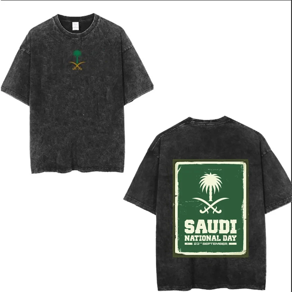 2024Saudi National Day T-shirt 100% Cotton Clothing Short Sleeve Tops Eid Al-Fitr Tshirt Washed T Shirts Summer Tees Casual Top