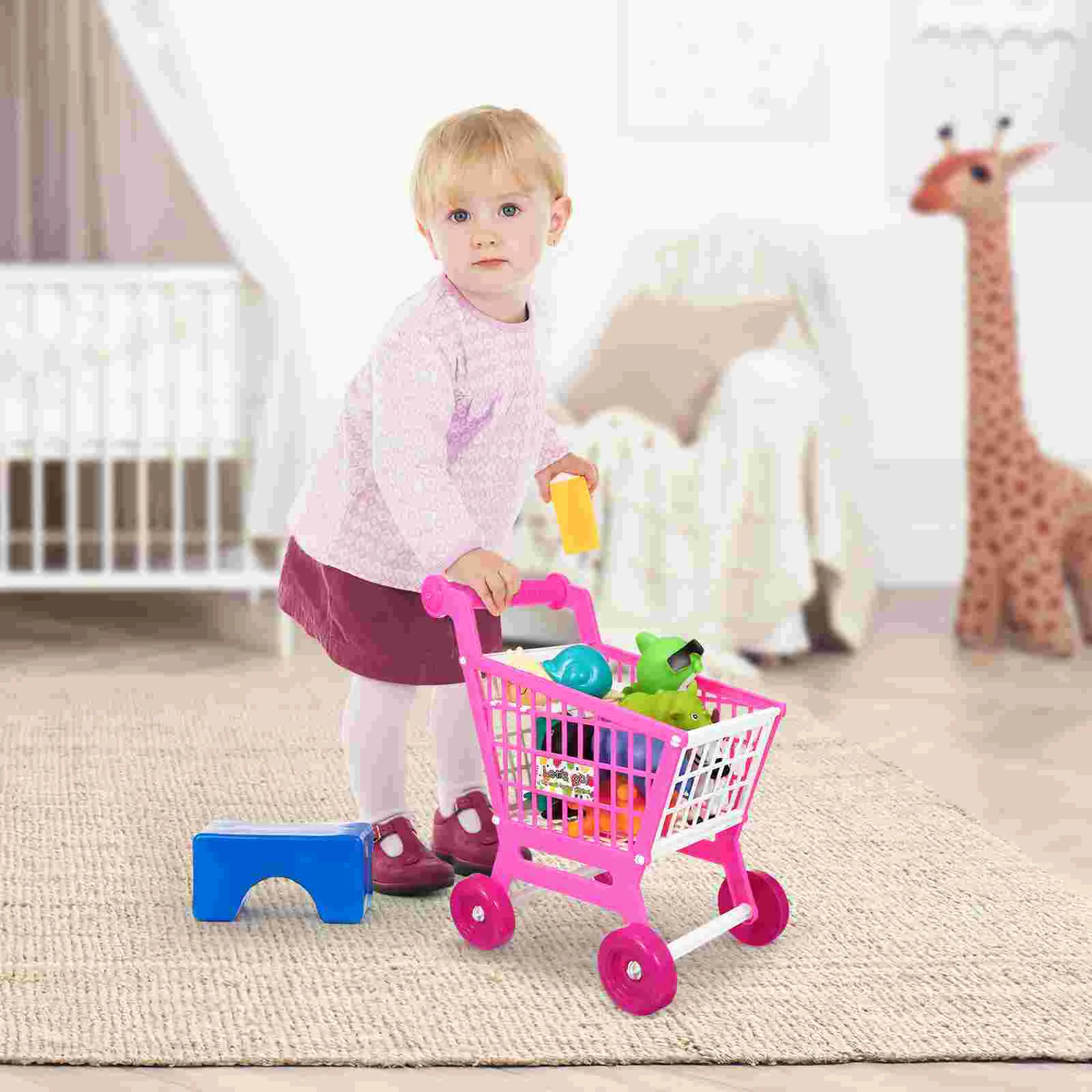 Carrello della spesa di simulazione Giocattolo rosa Generi alimentari in plastica Bambino Giochi di finzione Supermercato per bambini in ABS Mini