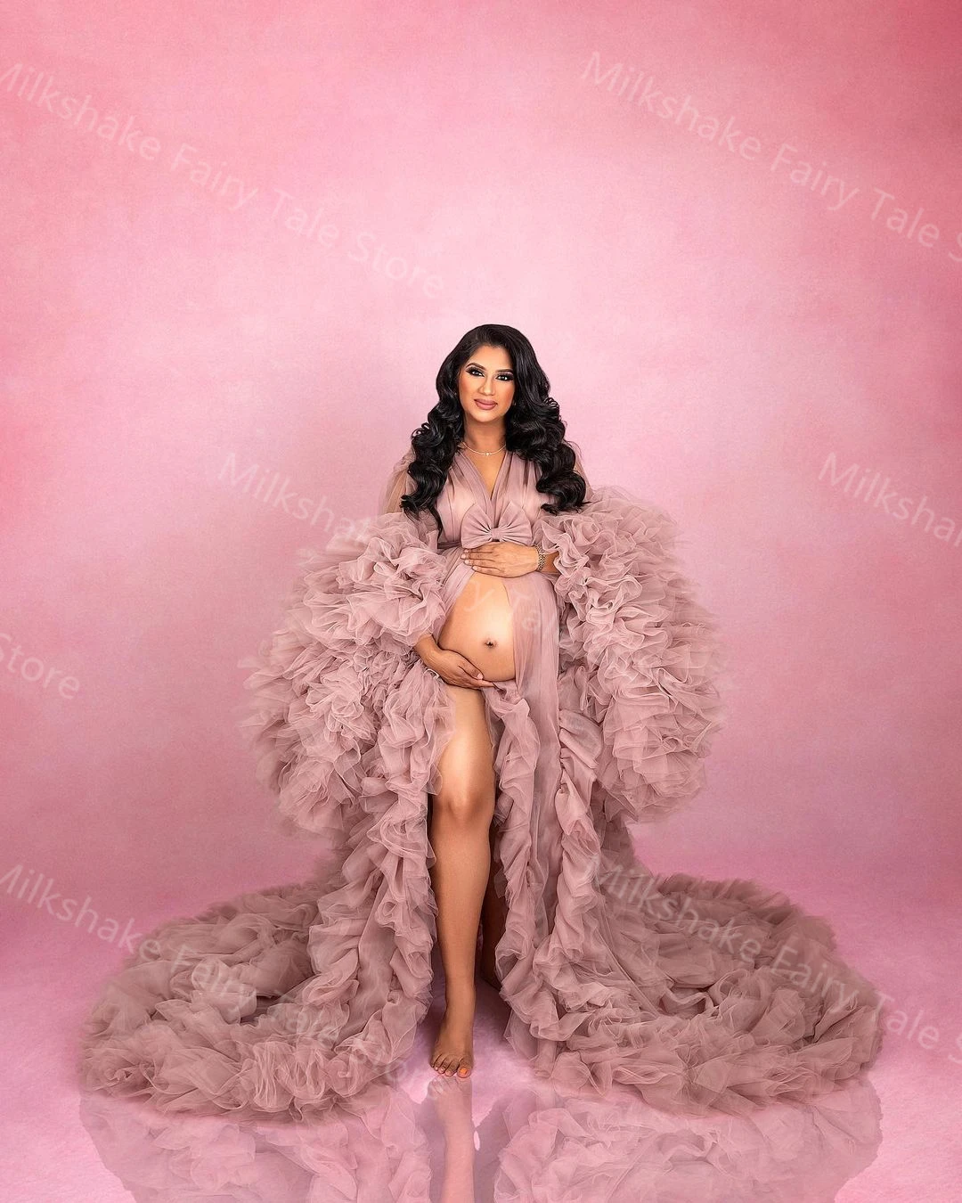 Fluffy Pink A Line Maternity Robes for Photoshoot Tiered Ruffles Long Sleeves Pregnant Women Gowns Customized Babyshower Dresses