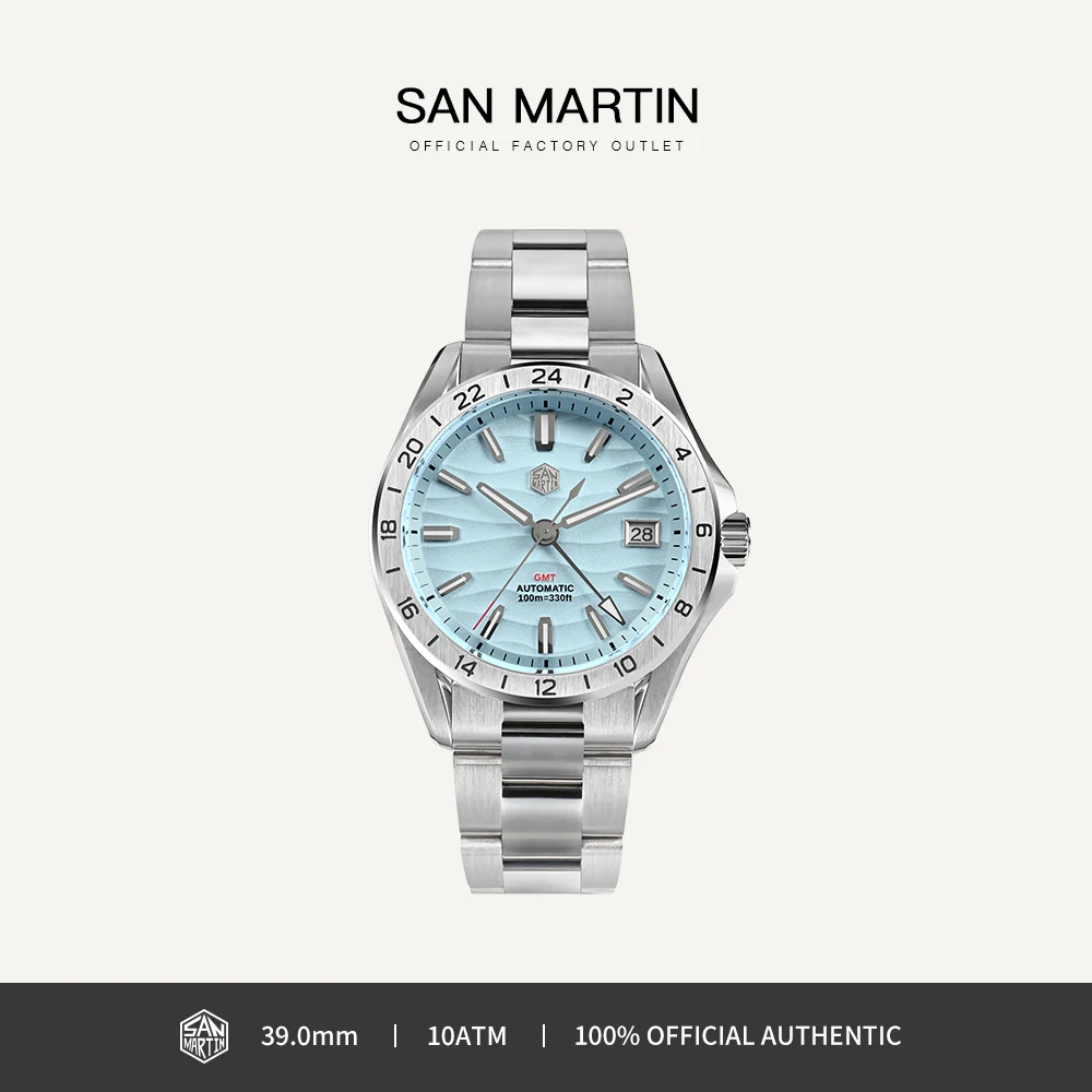 

San Martin 39 мм GMT NH34 Роскошные мужские часы из нержавеющей стали автоматический механический модный Текстурированный Циферблат сапфировый светящийся SN0129