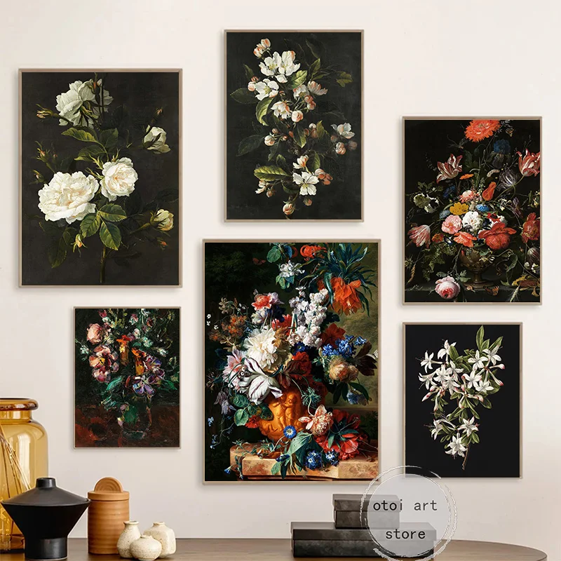 Still Life Botanical Azaleas in Bloom Floral Bouquet Dark Art Poster Canvas Painting Wall Prints Picture for Room Home Decor