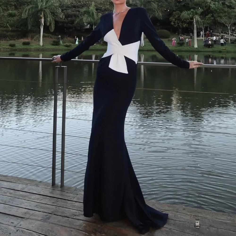 

Customized Deep V-Neck Evening Dresses Full Sleeve Contrast color mermaid Prom Gown Simple Saudi Sweep Trian Long Party Dress