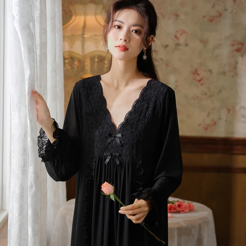 Women\'s Princess Retro Palace Style Pajamas Pure Cotton Long Sleeve Lace Nightgown Casual Pajamas Home Clothes