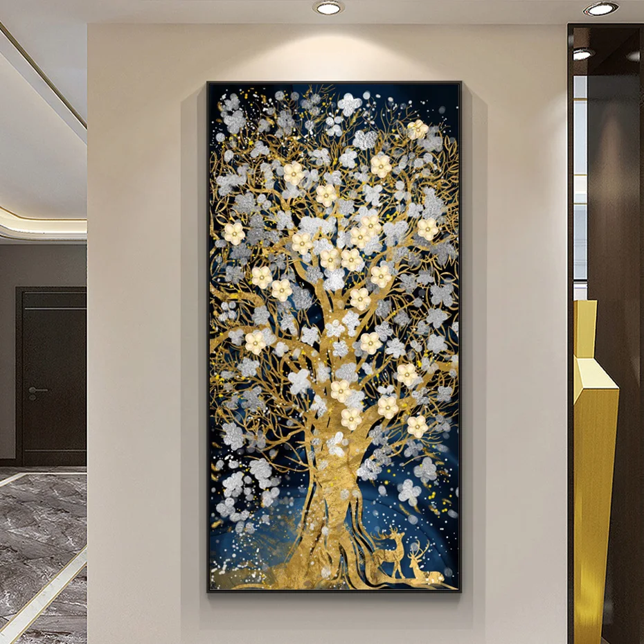 

Abstract Gold Flowers money Tree Posters Wall Art Modern Canvas Painting Print Pictures Living Room Interior Home Decoration