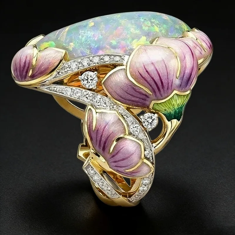 Delicate Fashion Gold Color Floral Ring Lavender Fuchsia Lotus Enamel Oval Cut Fire Stone Bridal Engagement Rings for Women