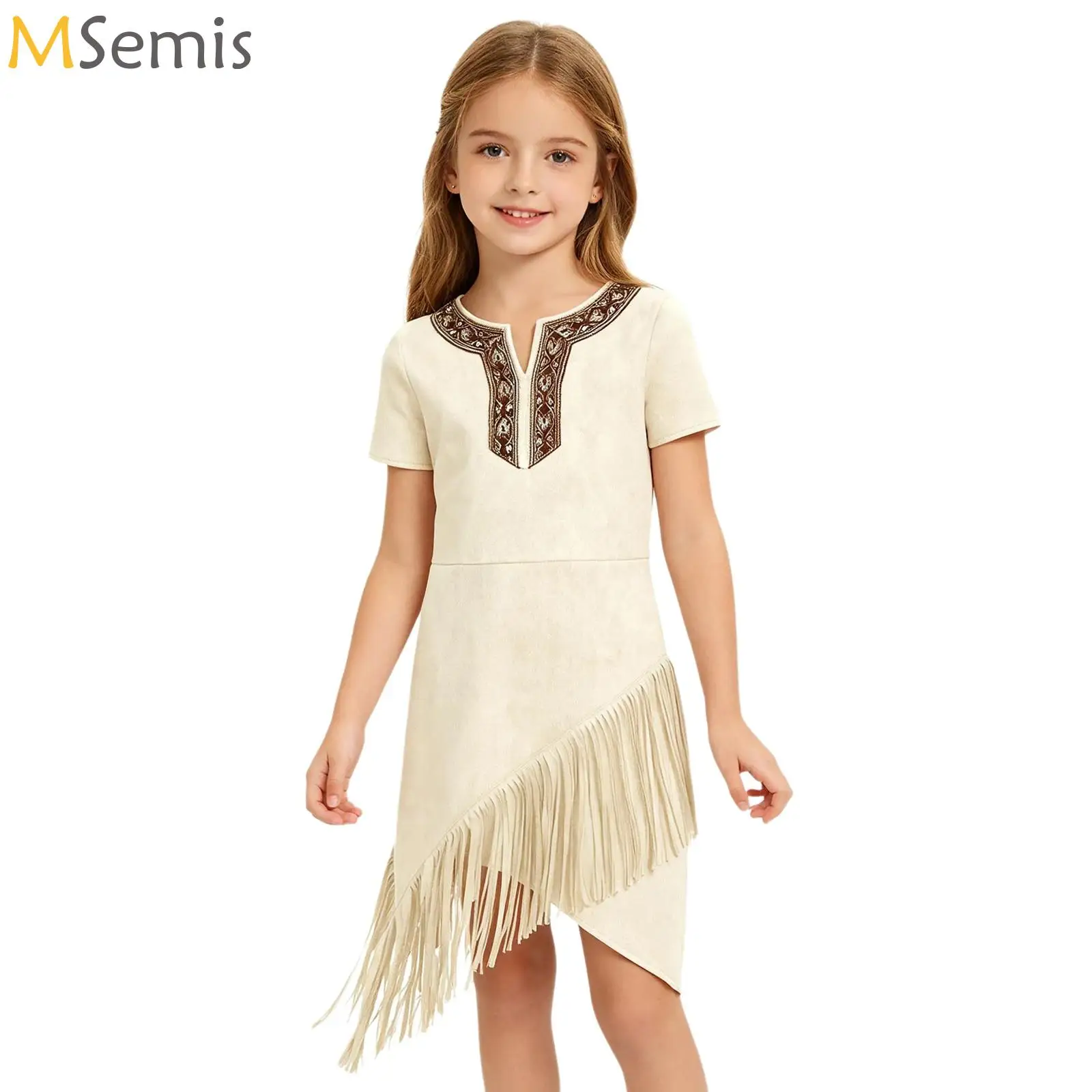 

Girls Indigenous American Indians Dress Halloween Native American Costume Short Sleeve Tassels Dress for Stage Performance