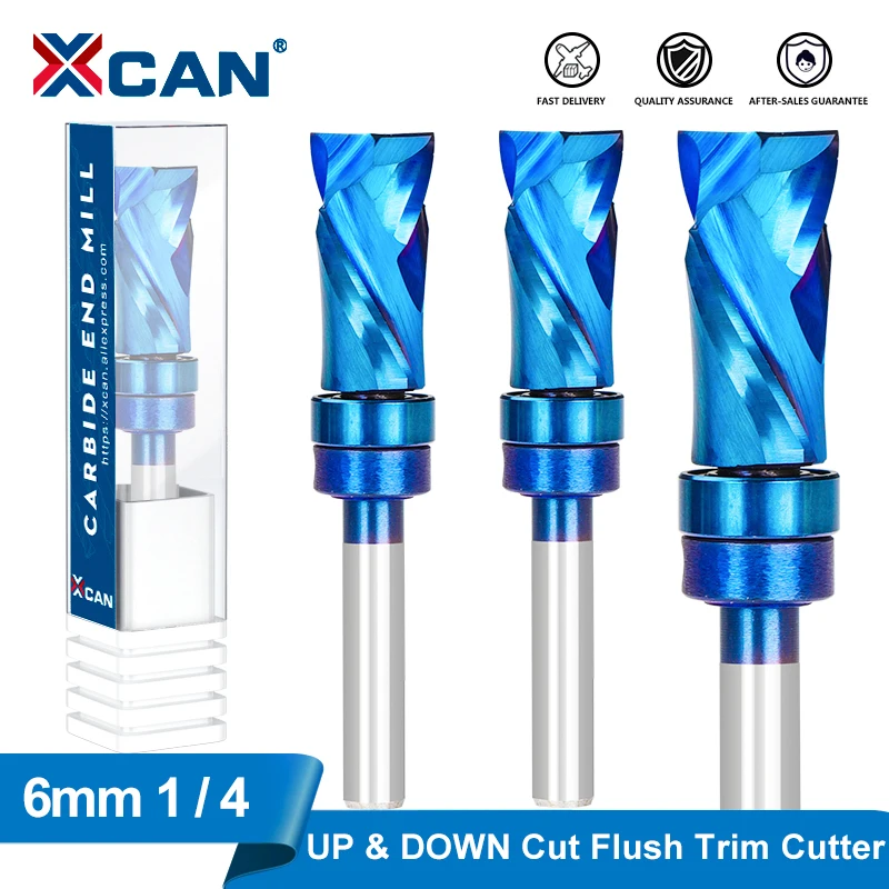 XCAN CNC Router Bit Compression Flush Trim Cutter 6mm 1/4 Shank Spiral UP&DOWN Cut Milling Cutter End Mill Carbide Milling Tool