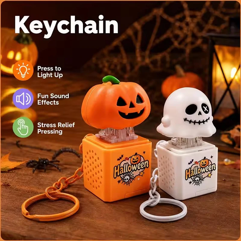 Halloween Pumpkin Glowing Decompression Button Ghost Press Sound Keychain Fidget Clicker Holiday Funny Pendant Gift Toy